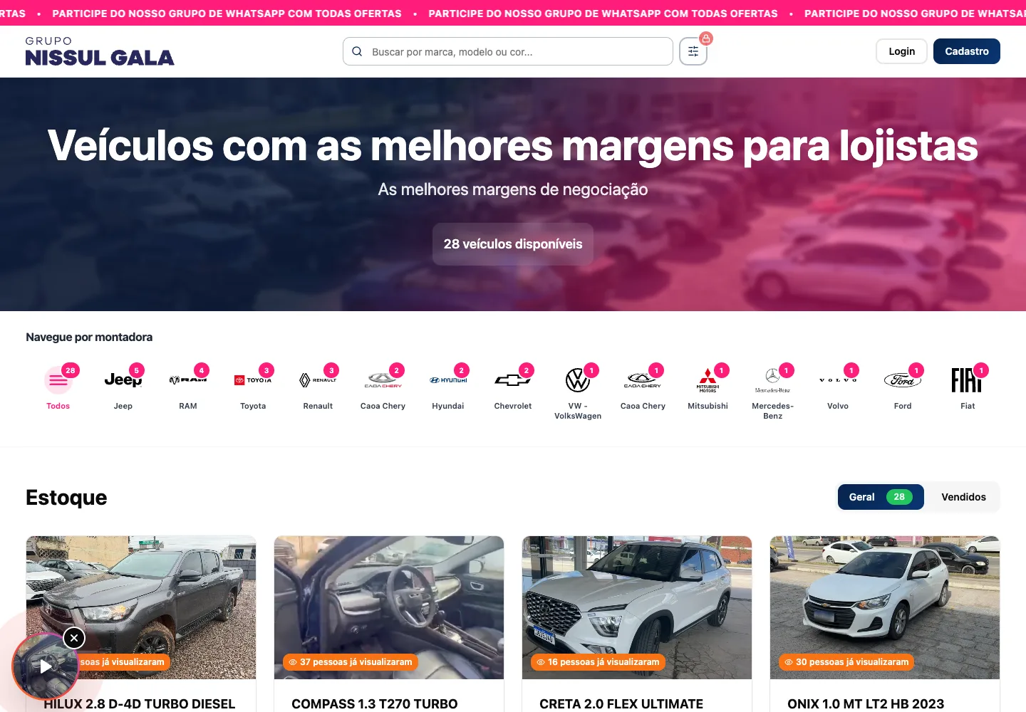 Página pública do portal Repasses Nissul Gala desenvolvido pela Cluster