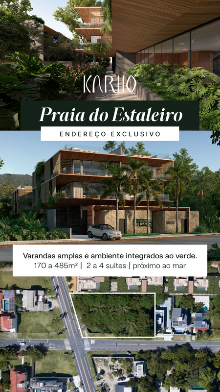 Criativo de campanha na Praia do Estaleiro, com arquitetura integrada à natureza e localização do empreendimento.
