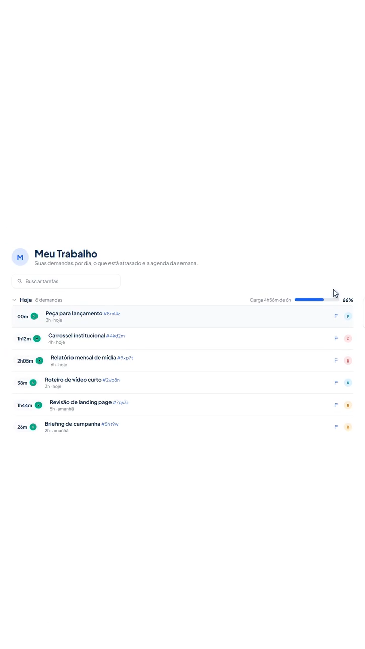 Tela Meu Trabalho do Portal da Cluster com demandas, prazos e carga de trabalho